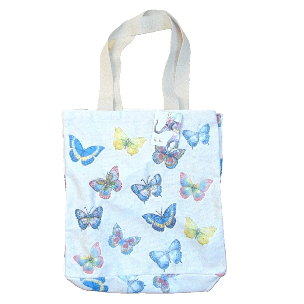 Butterfly Beaded Canvas Tote Bag Handmade India Elephant Tag Beach Bag NWT